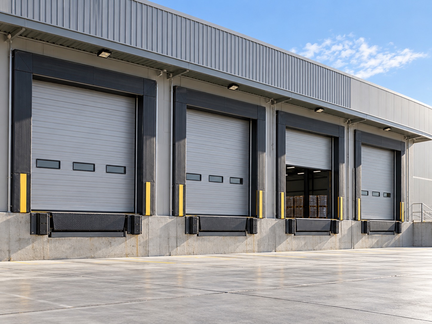 Commercial sectional doors at a warehouse loading dock