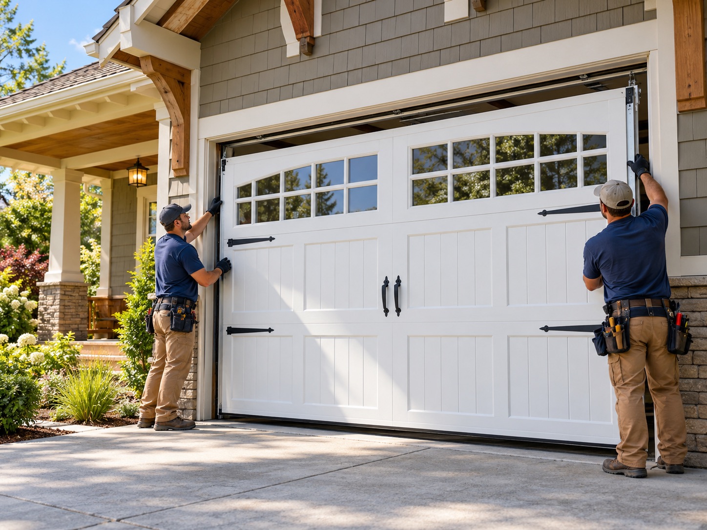 Installers mounting a new carriage house garage door