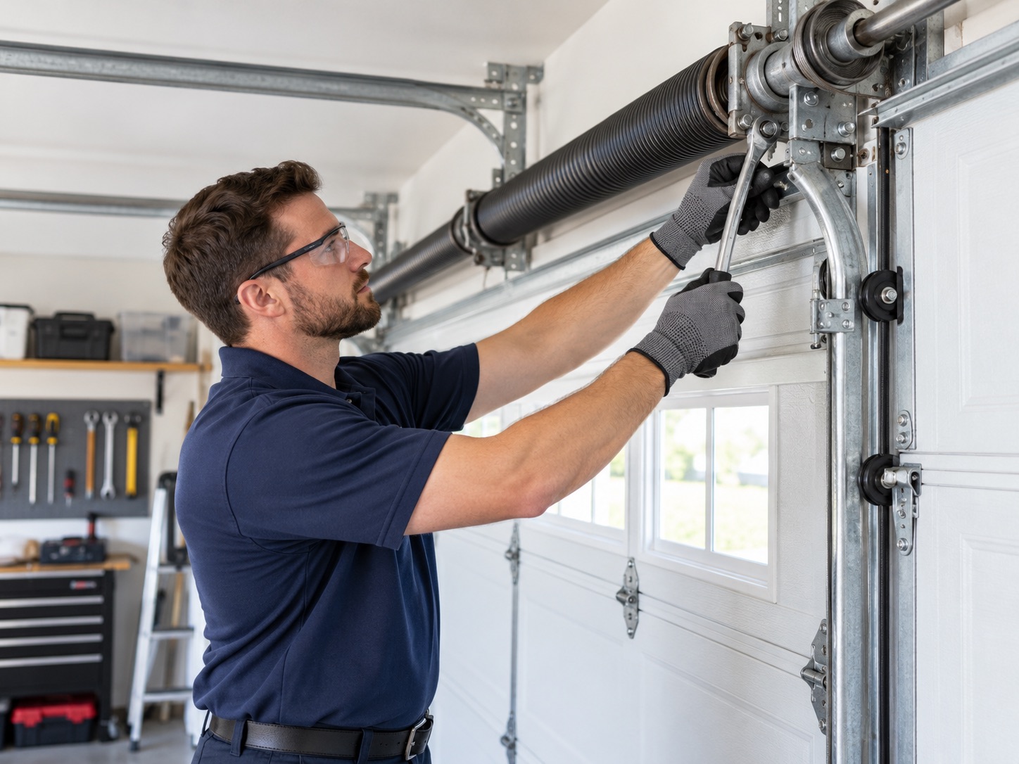 Technician repairing garage door torsion spring